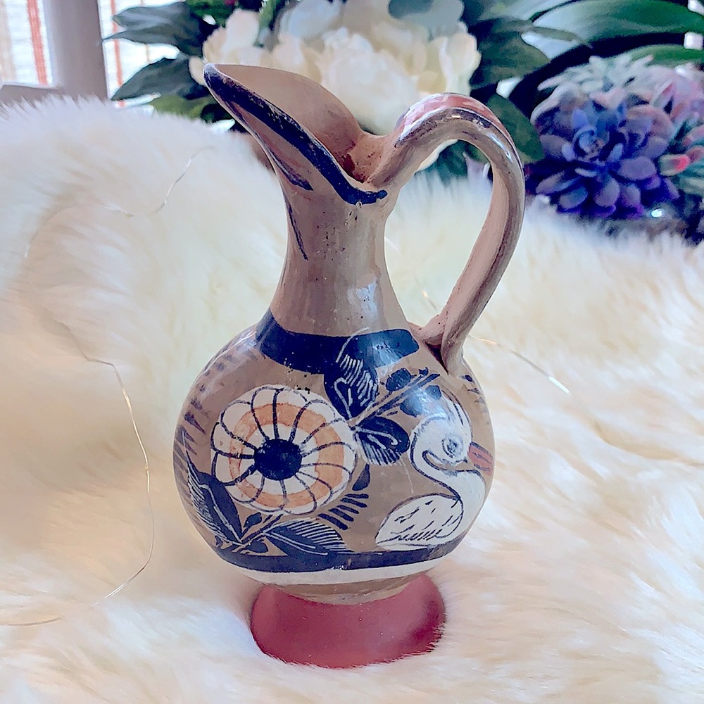Tonala Mid-Century Mexican Folk Art Pottery HandPainted Signed Pitcher Vase Art